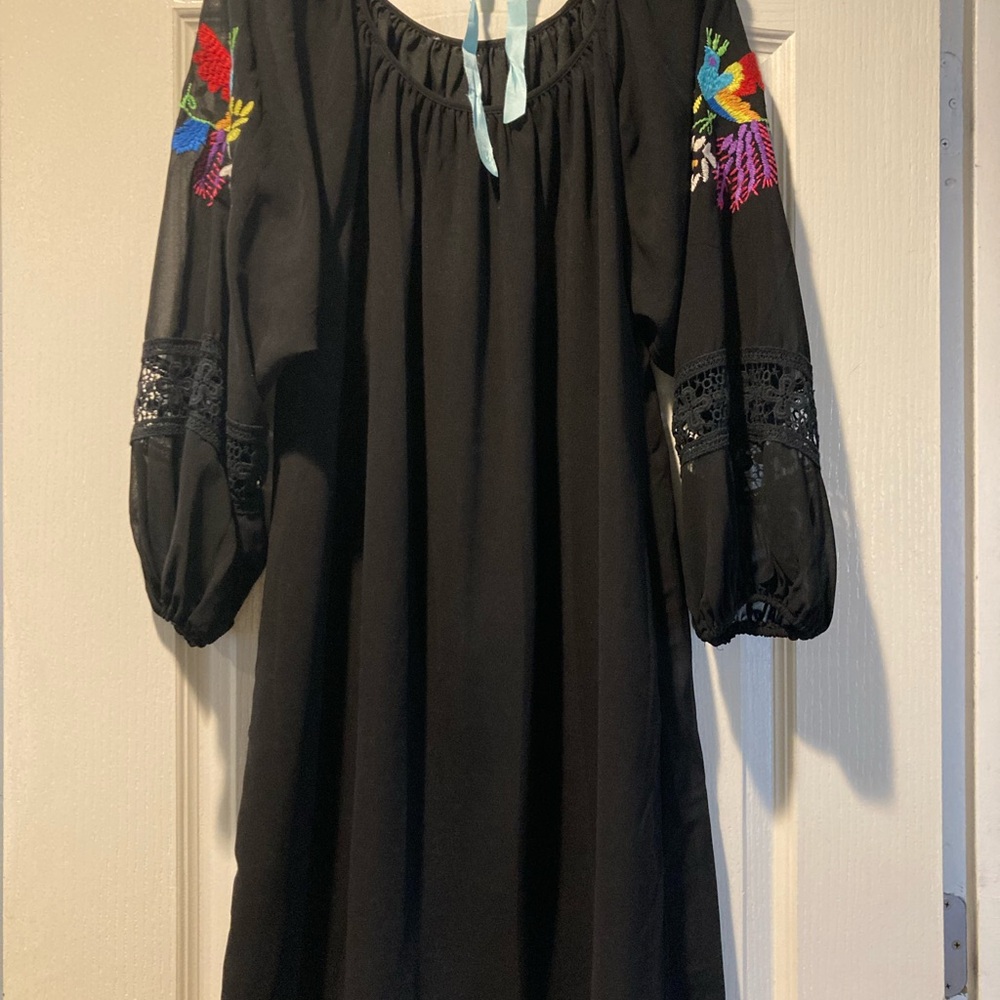 Black Asymmetrical Dress with Colorful Tropical Bird Embroidery Size Large